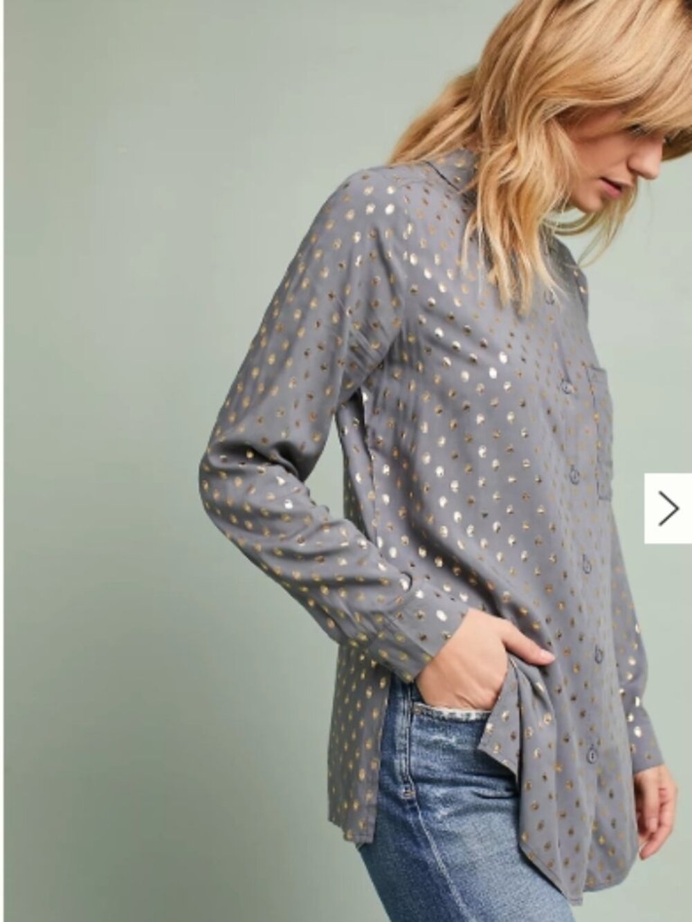 Like New! MONARC Rene Foil Spot Blouse Polka Dot Button-Up Gray/Gold in Size S